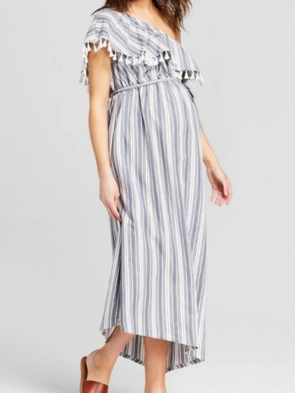 Isabel Maternity Striped Off-Shoulder Tassel Dress XS NWOT